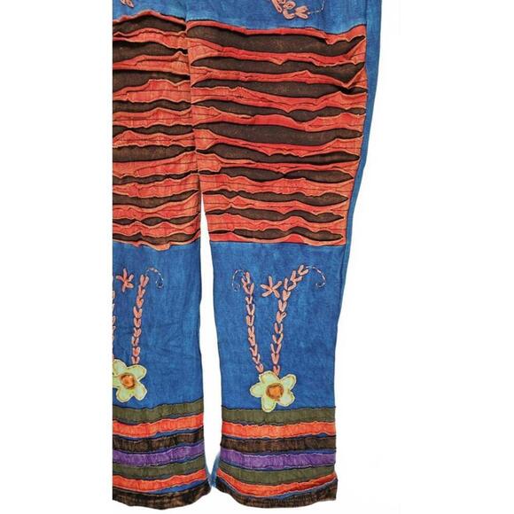 K.P.C. Women's Handmade Bohemian Embroidered Stonewash Blue Floral Pants Medium - Picture 3 of 11